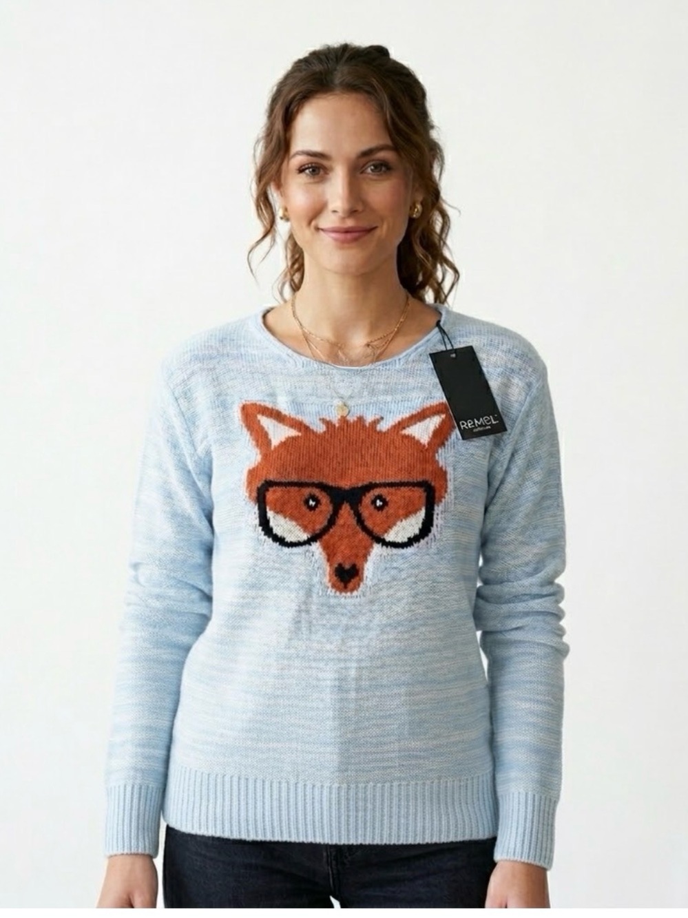 Remel London Nerdy Fox with Glasses Whimsical Sweater Light Blue Knit Size S/M